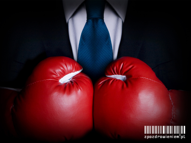 Postępowanie procesowe zpozdrowieniem serwis dwiunstancyjność rękawice bokserskie, krawat, garnitur, walka